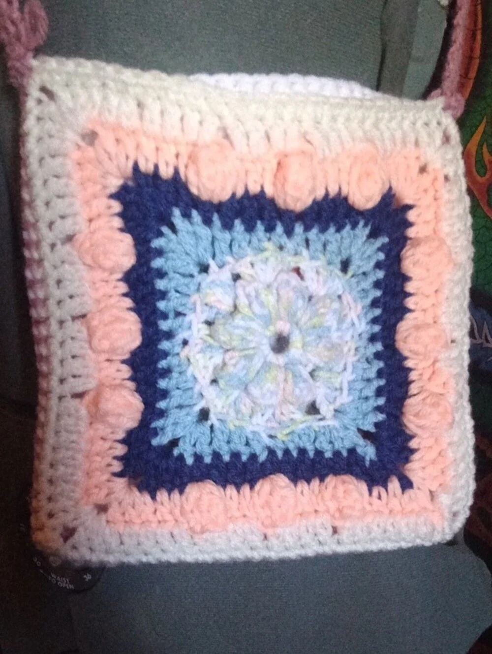 Handmade Crochet Crossbody Bag 8x8 in Pink and Blue